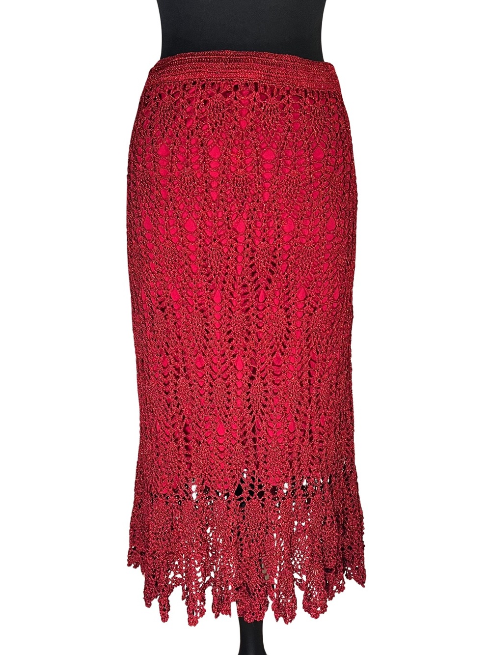 Newport News Red Metallic Sparkle Crochet Stretch Lace Look MIDI Slirt